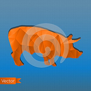 Abstract triangular stamp orange pig on pure, simple, dotted, blue gradient background. Vector illustration. Can be used
