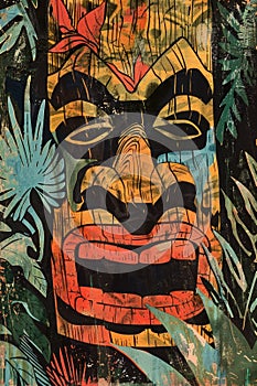 Abstract tribal mask illustration with tropical foliage