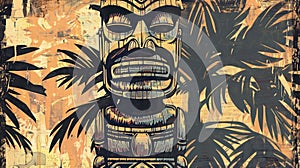 Abstract tribal mask illustration with tropical foliage