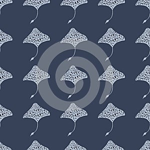Abstract tropic sea fauna seamless pattern with spotted stingray silhouettes. Navy blue dark background