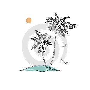 Abstract tropical landscape continuous art line with mountains, sea, coconut palm tree