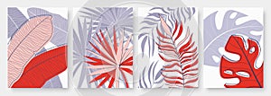 Abstract tropical palm tree leaves set, template background for social media stories