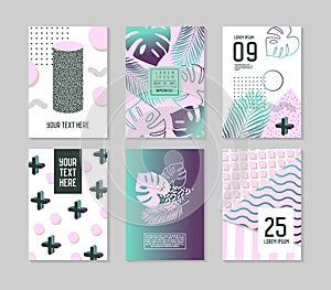 Abstract Tropical Poster Templates Set with Palm Leaves and Geometric Elements. Hipster Memphis Style Brochure Banners Flyer