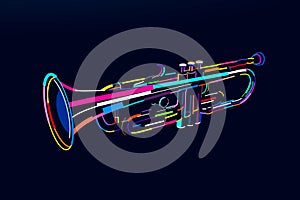 Abstract trumpet wind musical instrument from multicolored paints. Colored drawing