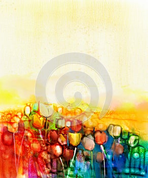 Abstract tulip flower field watercolor painting