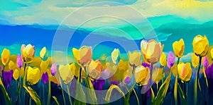Abstract tulips flowers oil painting. with blue sky background
