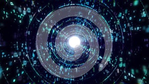 Abstract tunnel. Digital background, 3D rendering. Binary code particle network. Motion and communication technology