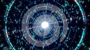 Abstract tunnel. Digital background, 3D rendering. Binary code particle network. Motion and communication technology