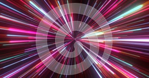 Abstract tunnel of multicolored glowing bright neon laser energy beams lines