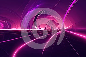 Abstract tunnel neon lights background. Violet curves motion effect digital illustration.