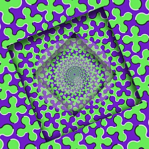 Abstract turned frames with a rotating green purple cruciform shapes pattern. Optical illusion hypnotic background