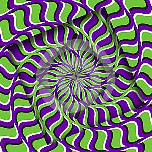 Abstract turned frames with a rotating purple green spiral pattern. Optical illusion hypnotic background