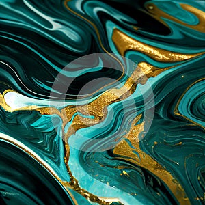 Abstract Turquoise Bluish Green Marble Paint Background with Gold Veins photo