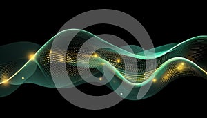 Abstract Turquoise Data Flow Vector Graph Line, Golden Nodes, Electronic Network, Perspective