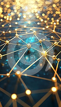 Abstract Turquoise Network, Golden Nodes, Data Visualization, Technology Background, Perspective