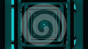 Abstract turquoise square shaped tunnel moving slowly, seamless loop. Design. Endless long corridor with the spot in the