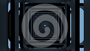 Abstract turquoise square shaped tunnel moving slowly, seamless loop. Design. Endless long corridor with the spot in the