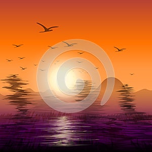 Abstract twilight of nature with birds flying back nest.