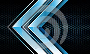 Abstract twin blue arrow glossy metal direction on dark hexagon mesh pattern design modern futuristic background vector