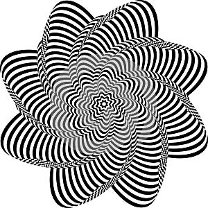 Abstract twisted black and white background. Optical illusion of distorted surface. Twisted stripes. Radial pattern.