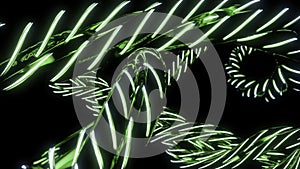 Abstract twisted neon cable isolated on a black background. Design. Green moving lines for fiber optic network.