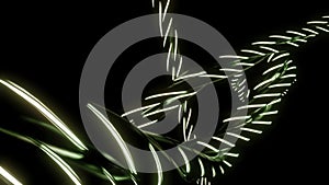 Abstract twisted neon cable isolated on a black background. Design. Green moving lines for fiber optic network.