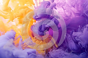 Abstract underwater dance of yellow and purple ink, forming a vivid, dynamic cloud of colors.