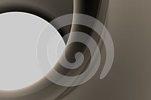 Abstract unusual horizontal 3d illustration of a dark beige brown spiral with dark shadows with a light gray circle