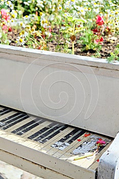 Abstract upright pianos in wood with flowers. Vertical