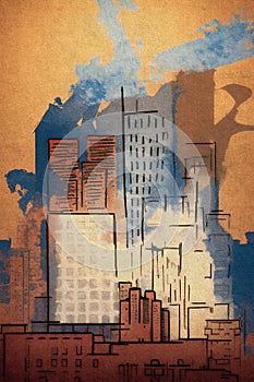 Abstract urban city buildings in smog artwork illustration