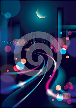 Abstract urban night light bokeh defocused background. Effect vector beautiful background. Blur colorful dark background with