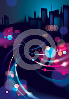 Abstract urban night light bokeh defocused background. Effect vector beautiful background. Blur colorful dark background with cit