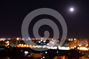 Abstract urban night light bokeh defocused background. Moon night