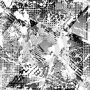 Abstract urban seamless pattern. Grunge texture background. Scuffed drop sprays, triangles, dots, black and white spray