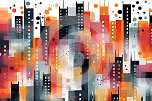 Abstract urban seamless pattern. Urban background with buildings, skyscrapers and watercolor spots.