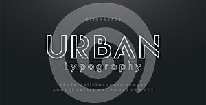 Abstract urban thin line font alphabet. Minimal modern fonts and numbers. Typography typeface uppercase lowercase and number. photo
