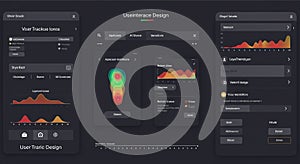 Abstract user interface design with a dark theme featuring various interactive