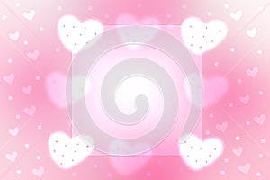 Abstract valentine background. Abstract festive blur bright pink pastel background with a frame and white pink hearts bokeh made