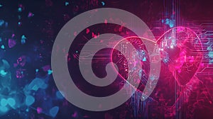 abstract Valentine's Day banner using digital elements such as pixels, binary code