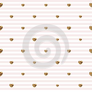 Abstract Valentine s Day hearts. Gold glittering hearts. Seamless stripped background