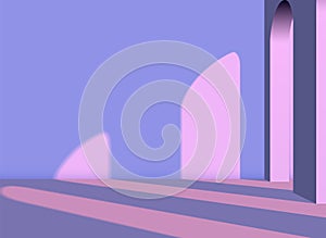 Abstract vaporwave architectural 3D background with arches and columns in the pink room with violet shadows