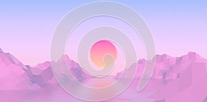 Abstract vaporwave landscape with sun rising over pink mountains and sea on calm pink and blue background