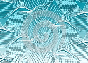 Abstract vector 3D geometric background. White wavy lines, spirals on a turquoise background with a gradient.