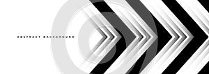 Abstract vector arrows background. White and black dynamic arrows with shadows on wide abstract banner.