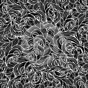 Abstract vector background, black and white seamless pattern, monochrome. Hand drawing, scrollwork, curls, waves, natural stylized