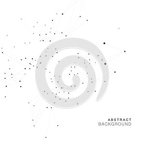Abstract vector background featuring swirling network interconnected black dots and lines forming geometric patterns