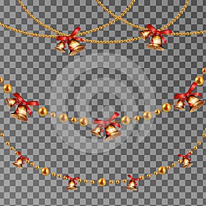 Abstract Vector Background with Hanging Christmas Garlands gold beads with jingle bell. Set for Celebratory Design, Xmas Holiday g