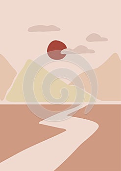 Abstract vector background with mountains, sun and clouds. Contemporary art. Poster in modern style with beautiful landscape in