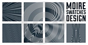 Abstract vector backgrounds set made with linear Moire, op art effect surreal textures, sound and music waves theme, black and