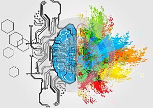 Abstract vector brain left and right with circuit and splash color for human concept. Creative and logic for brain concept